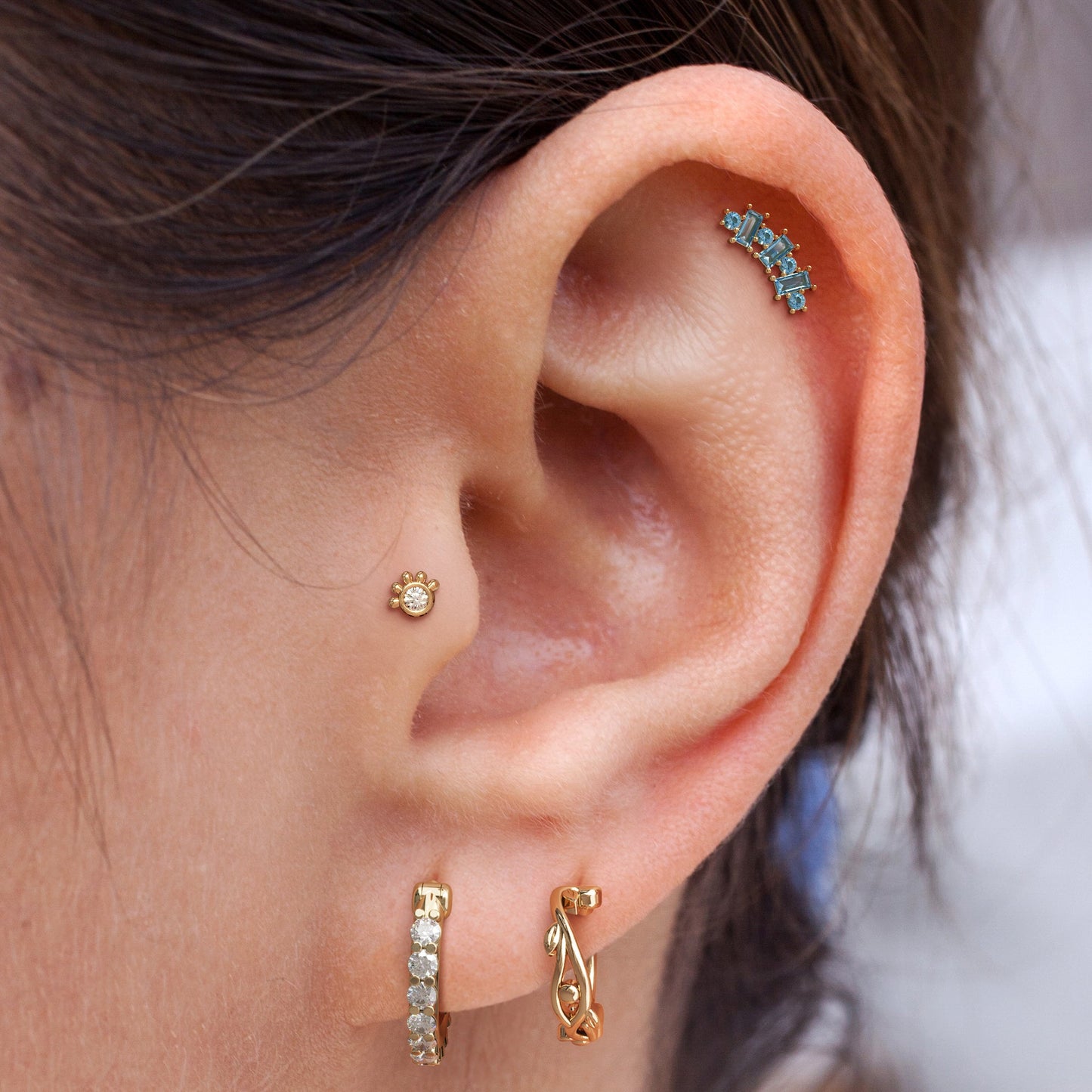 14K Gold Round and Baguette Blue Topaz Curved Threadless End