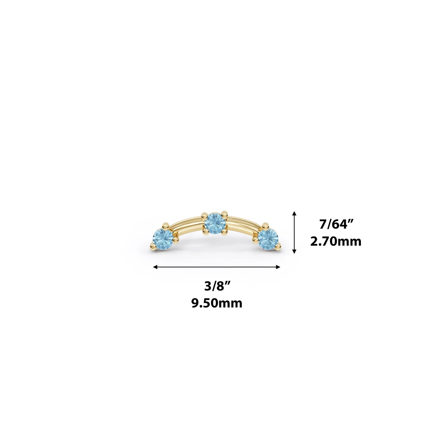 14K Gold Trio Round Blue Topaz Curved Threadless End
