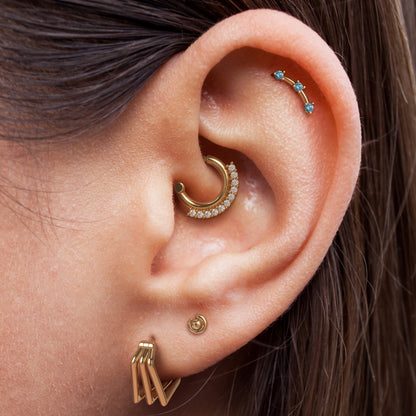 14K Gold Trio Round Blue Topaz Curved Threadless End