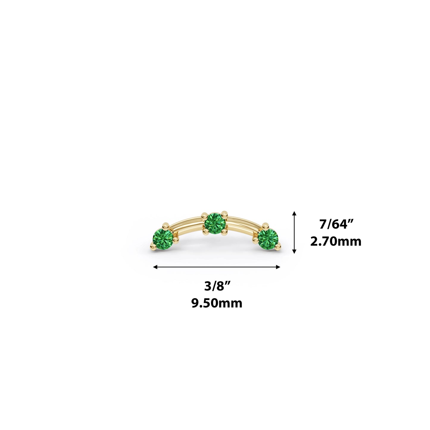 14K Gold Trio Round Emerald Curved Threadless End