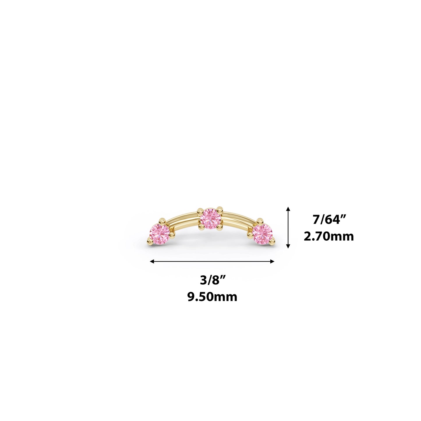 14K Gold Trio Round Pink Tourmaline Curved Threadless End