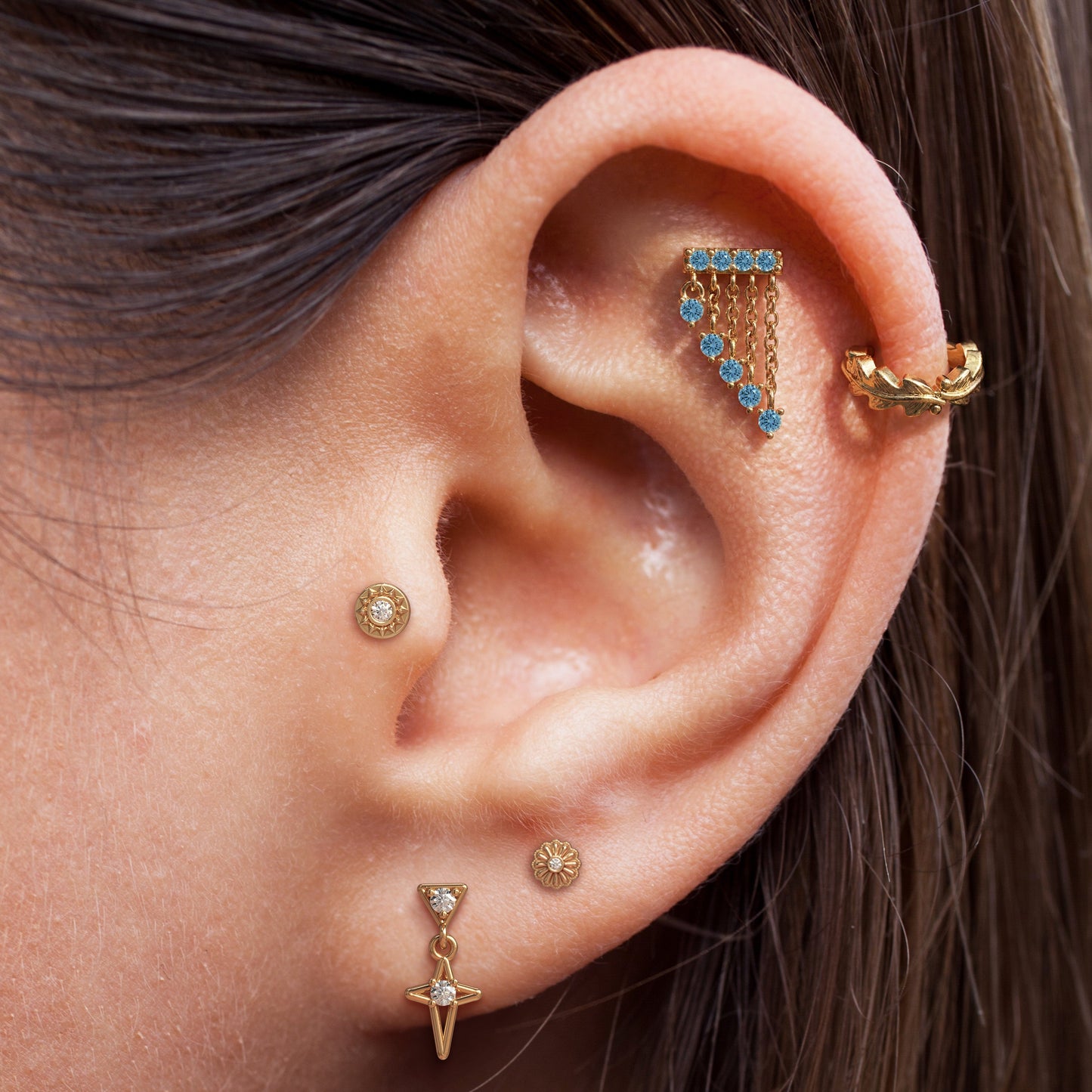 14K Gold Blue Topaz Bar Cascade Chain Threadless End