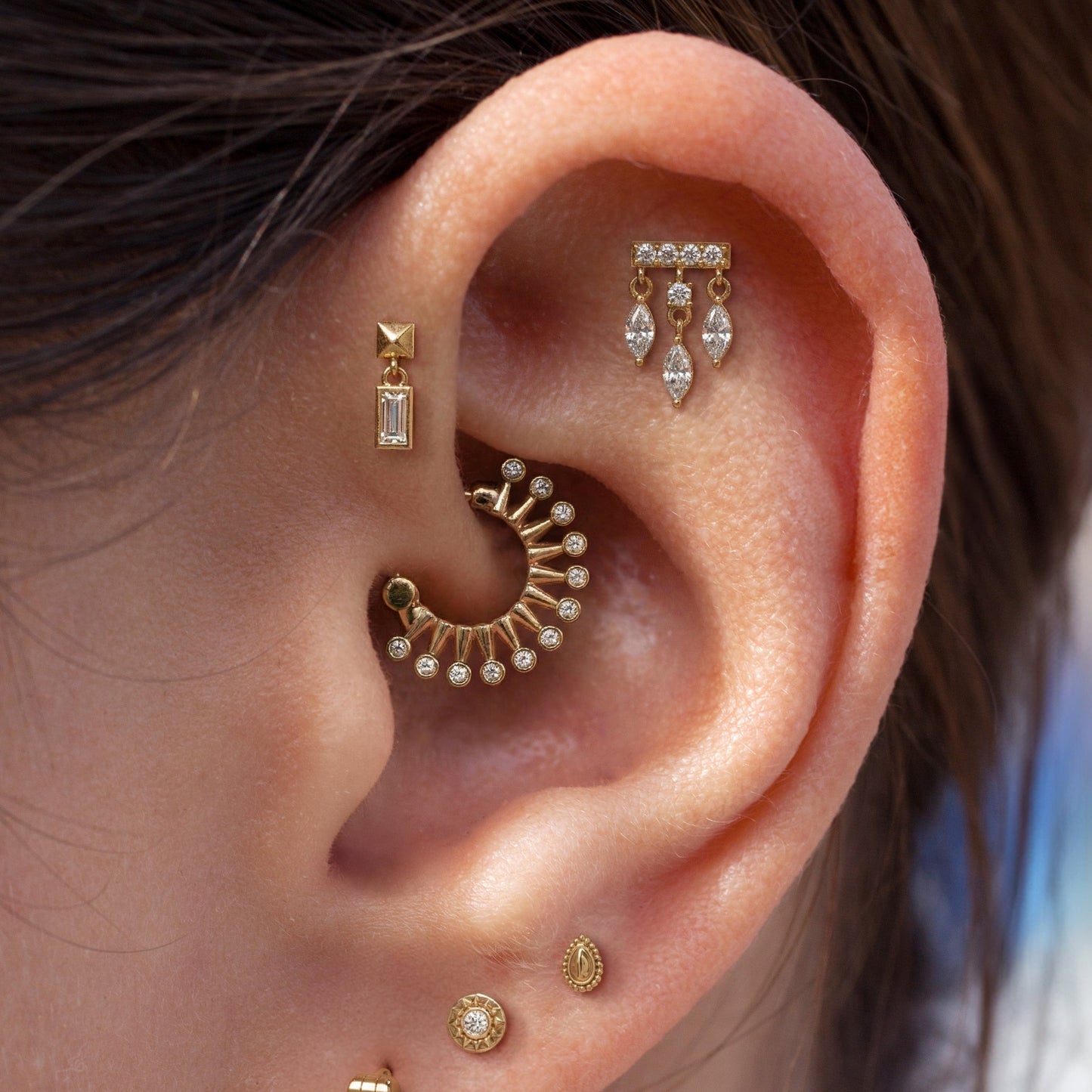 14K Gold Marquise Diamond Bar Threadless End