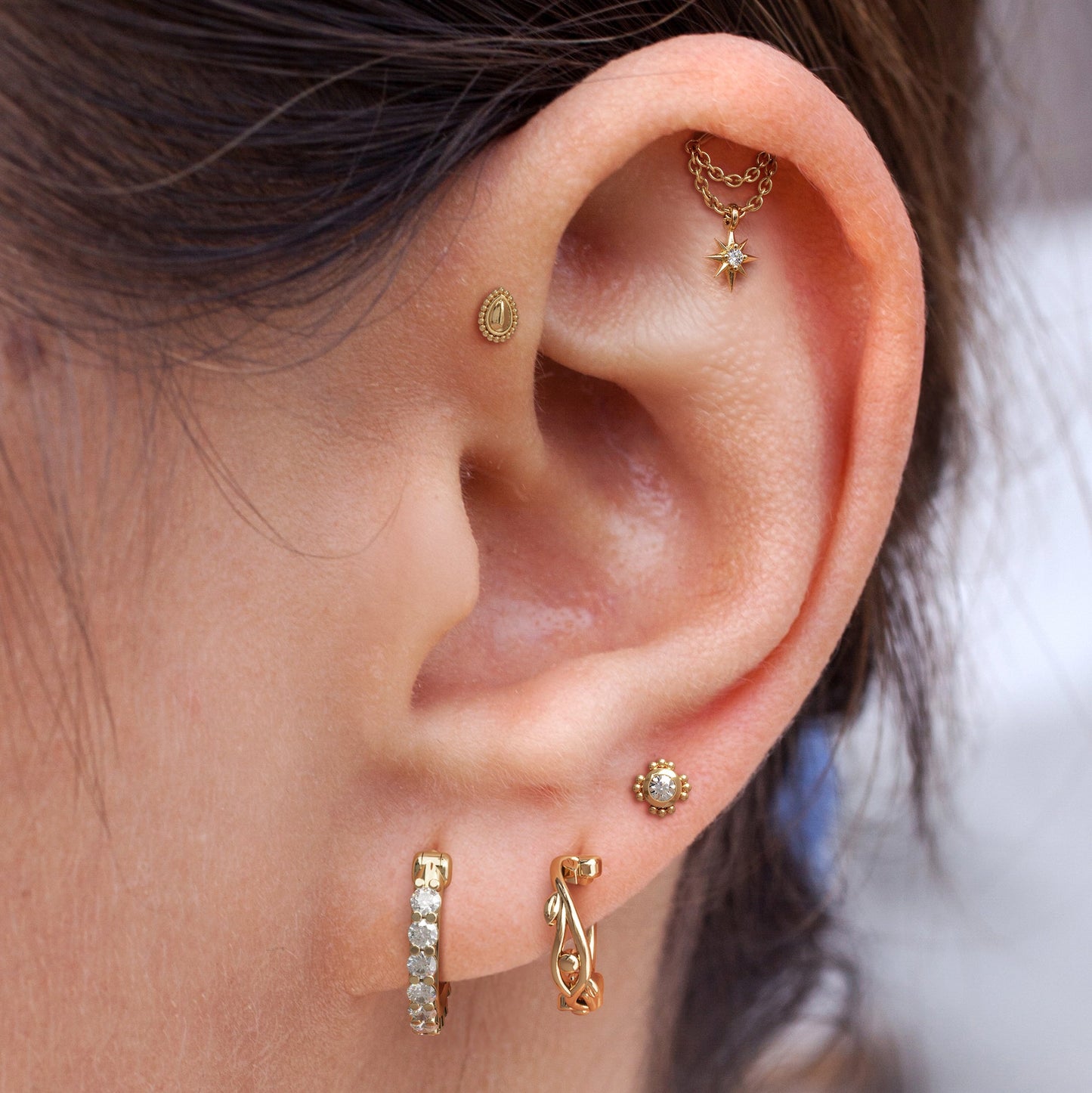 14K Gold Diamond Starburst Double Chain Threadless End