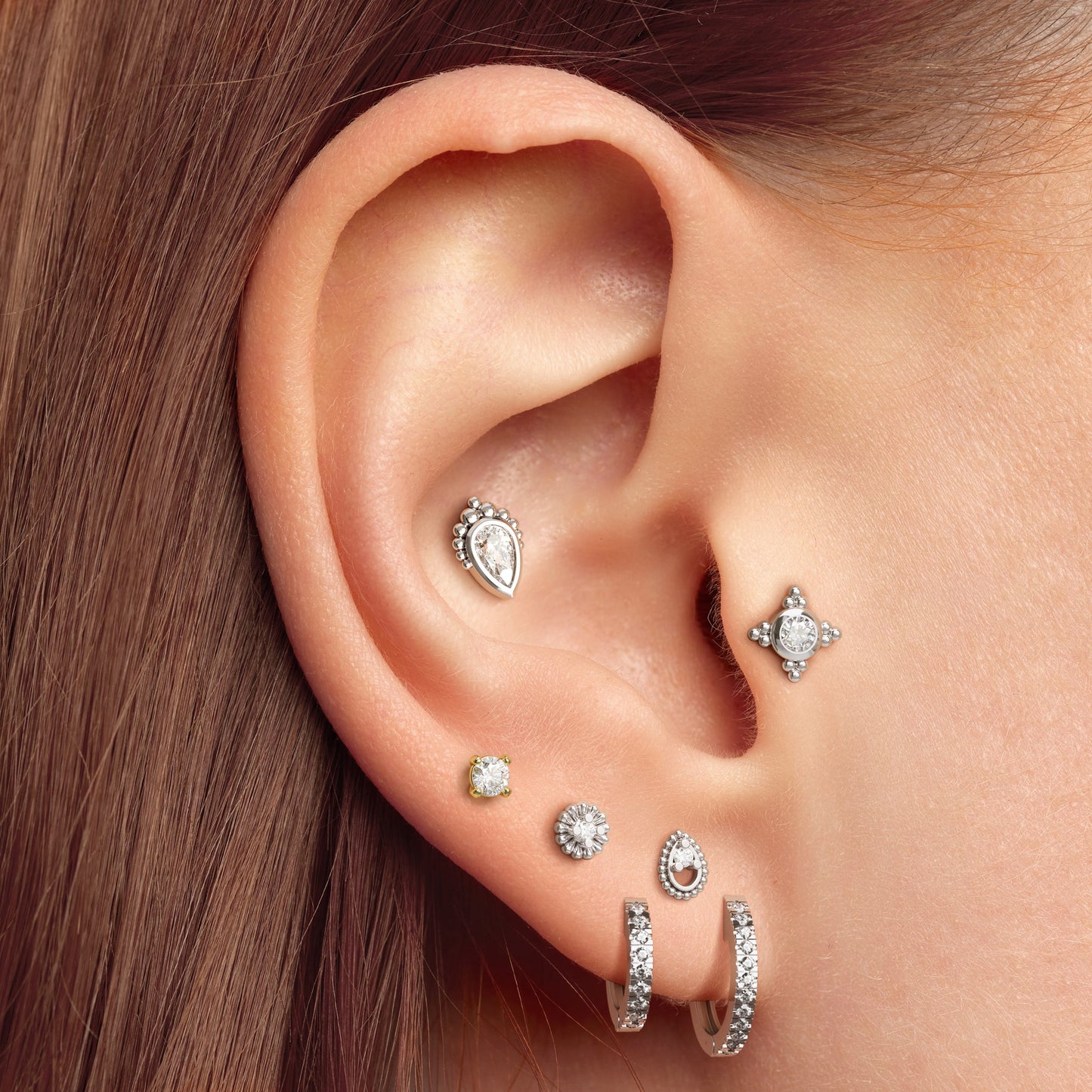 14K Gold Pear-Cut Diamond Beaded Labret Stud