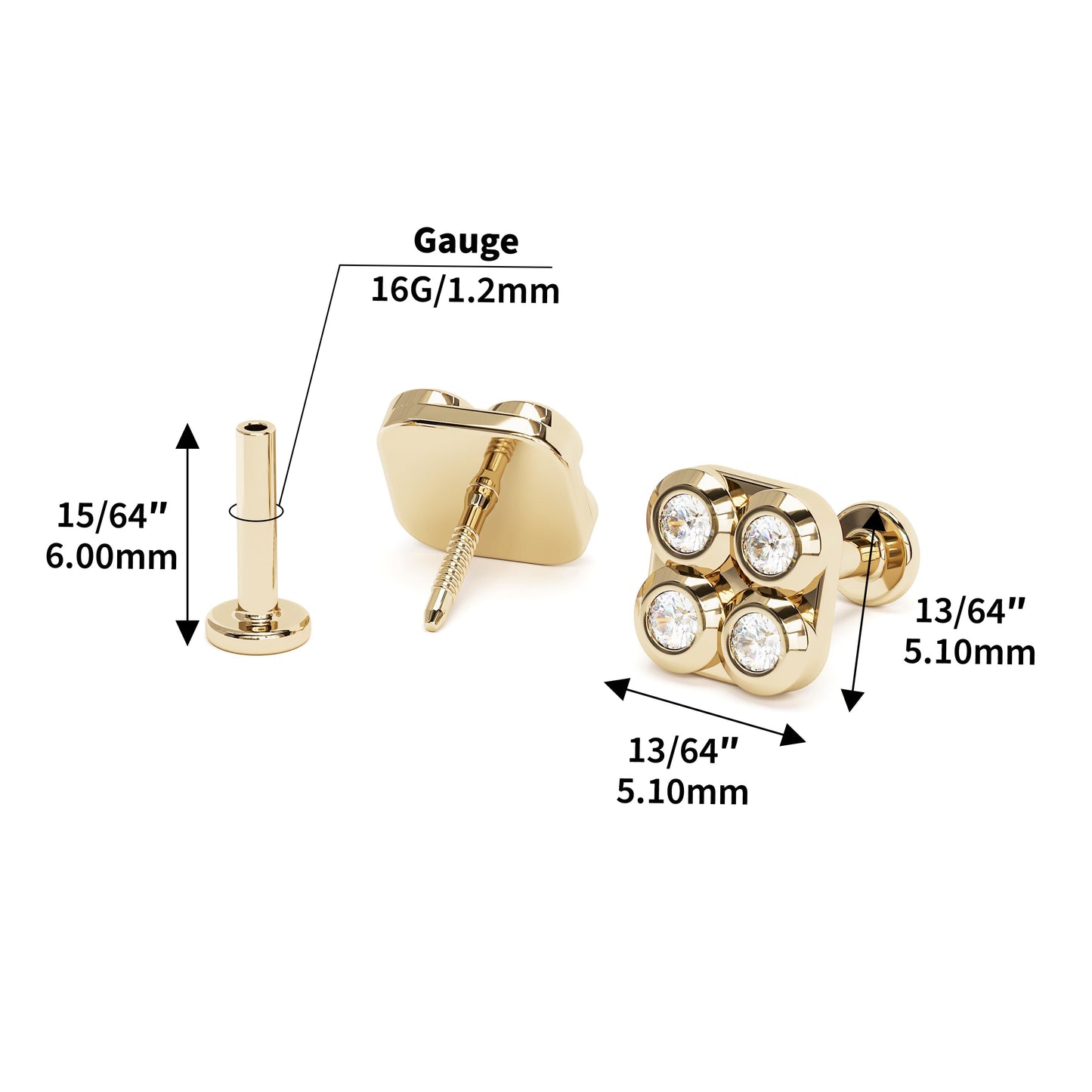 14K Gold Diamond Puffed Square Stud
