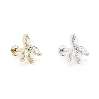14K Gold Marquise Diamond Lotus Stud