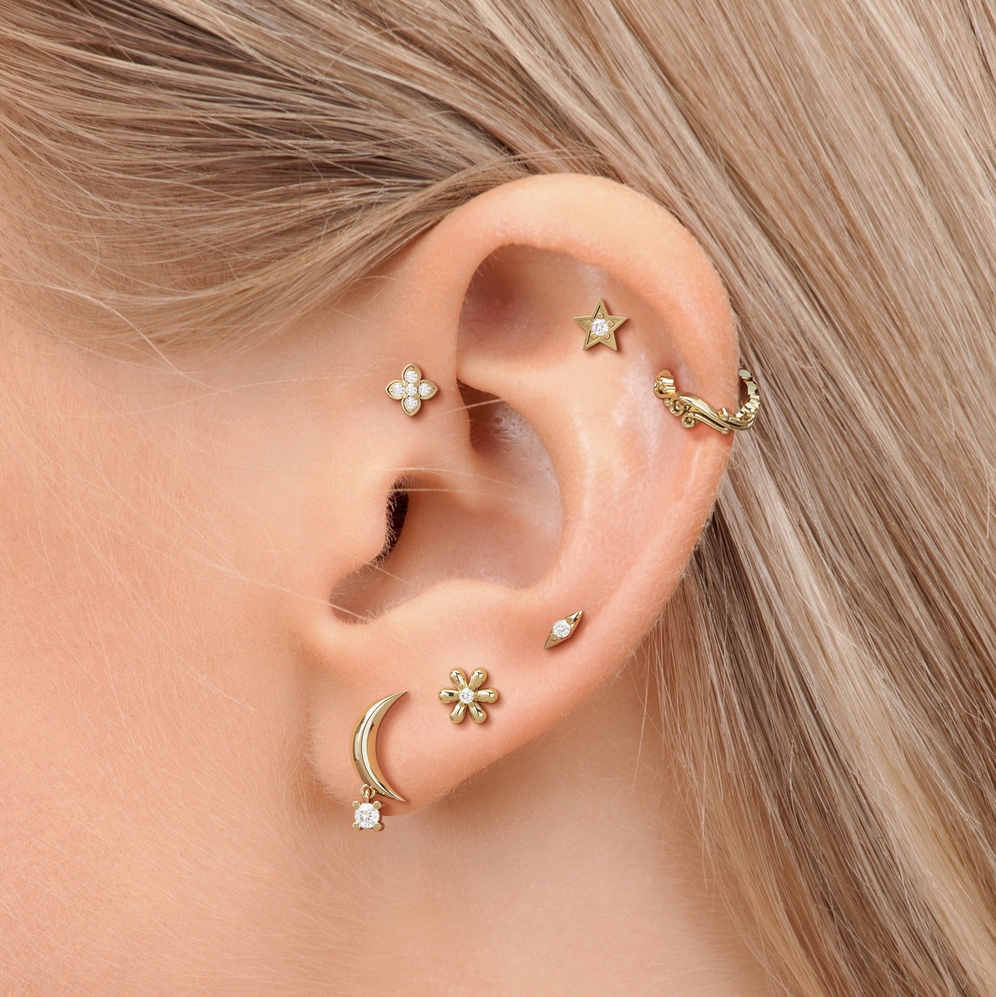 14K Gold Diamond Flower Stud