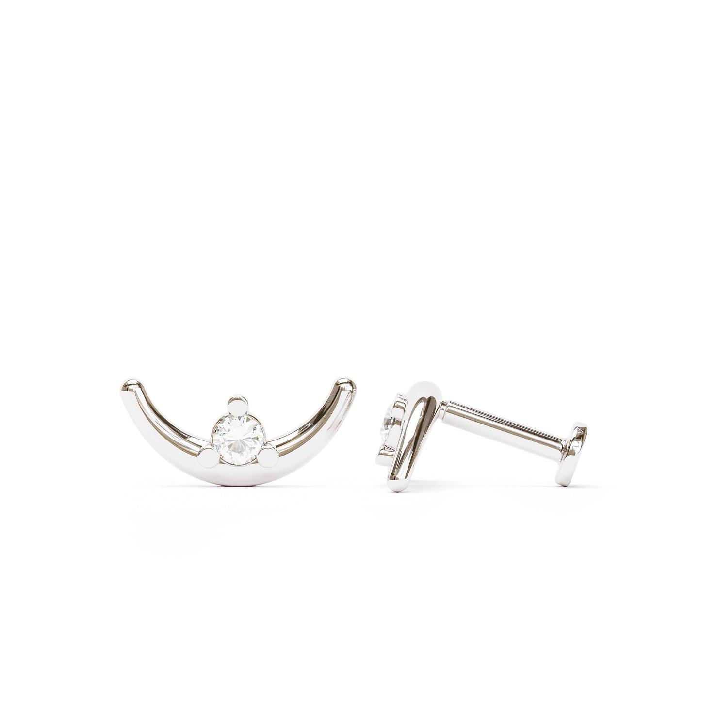14K Gold Diamond Curved Crescent Moon Stud