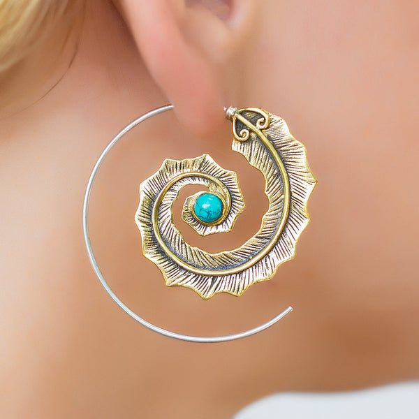 Sterling Silver spiral earrings. boho earrings. boho jewelry. large earrings. handmade earrings. feather earrings. turquoise earrings.