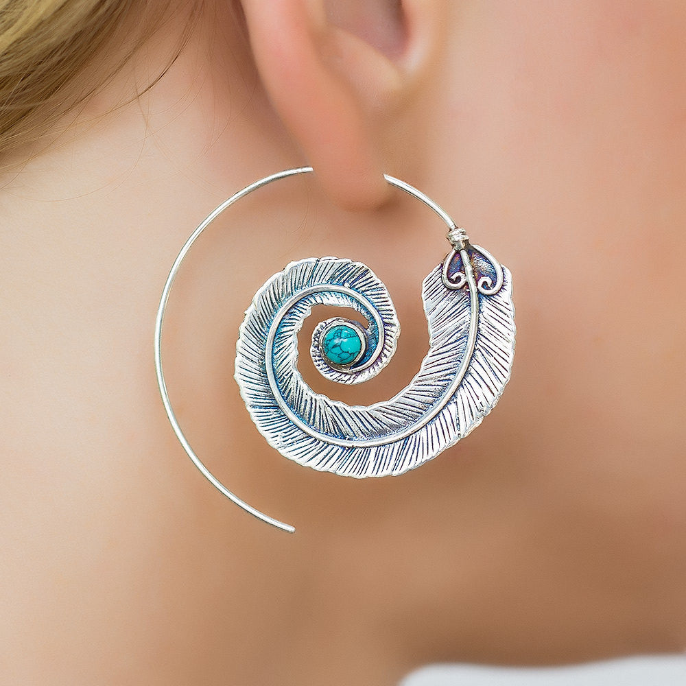 Sterling silver spiral earrings. boho earrings. bohemian jewelry. large earrings. feather earrings. hippie earrings. tribal jewelry. 