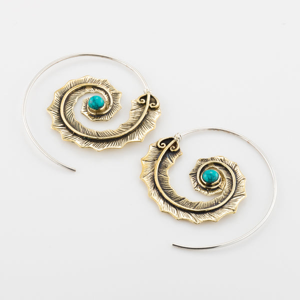 Sterling Silver spiral earrings. boho earrings. boho jewelry. large earrings. handmade earrings. feather earrings. turquoise earrings.